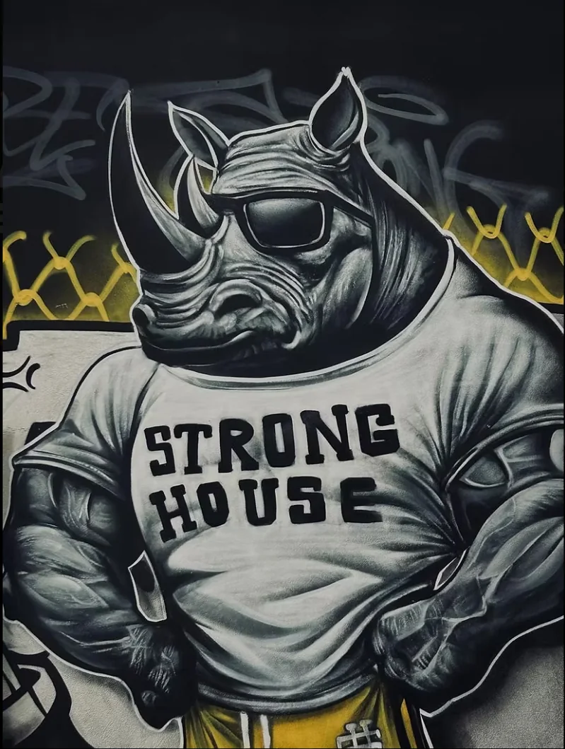 Mural del rinoceronte de Strong House con gafas oscuras